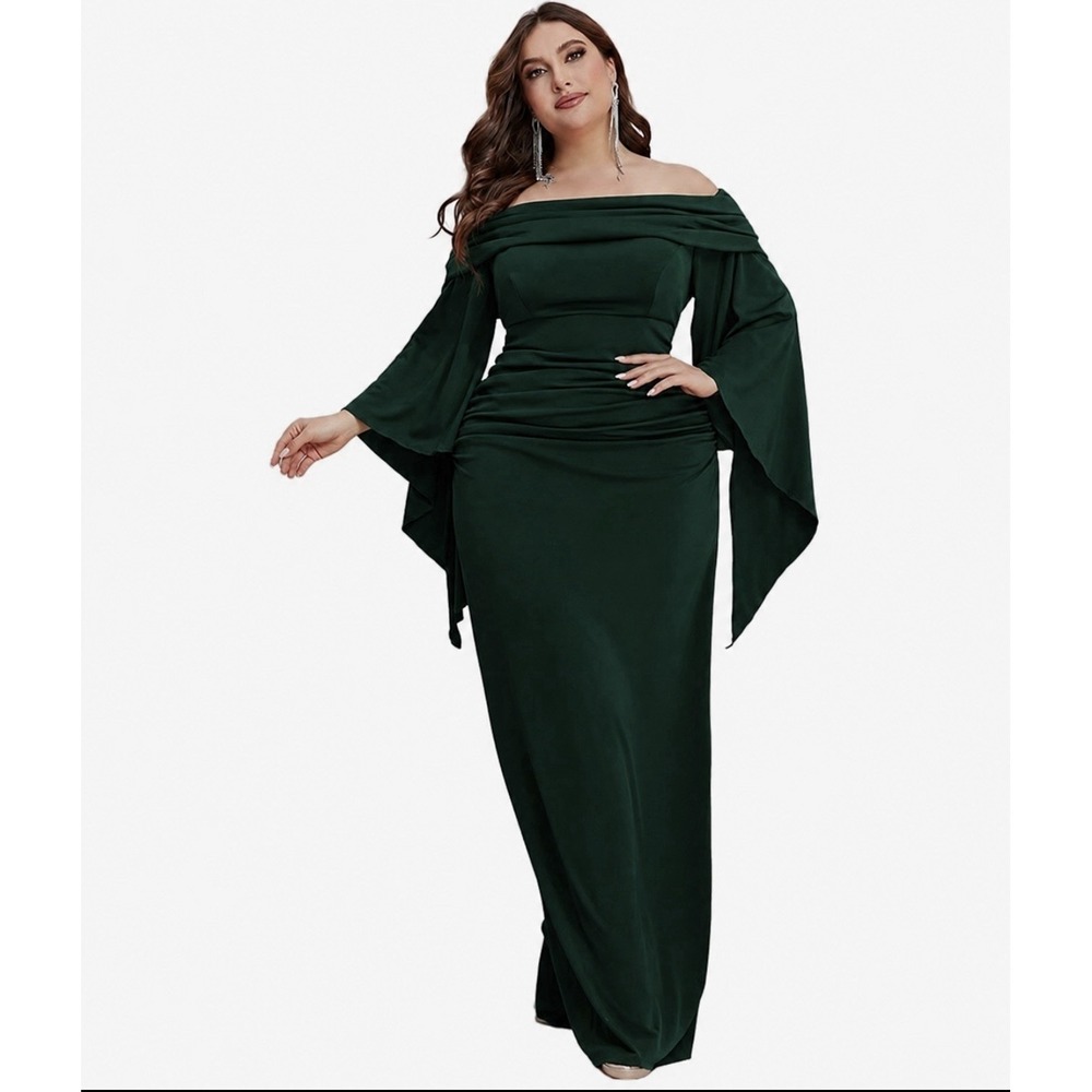 Giffniseti Women's 2XL Forest Green Off Shoulder Maxi Dress Cape Sleeve NWT